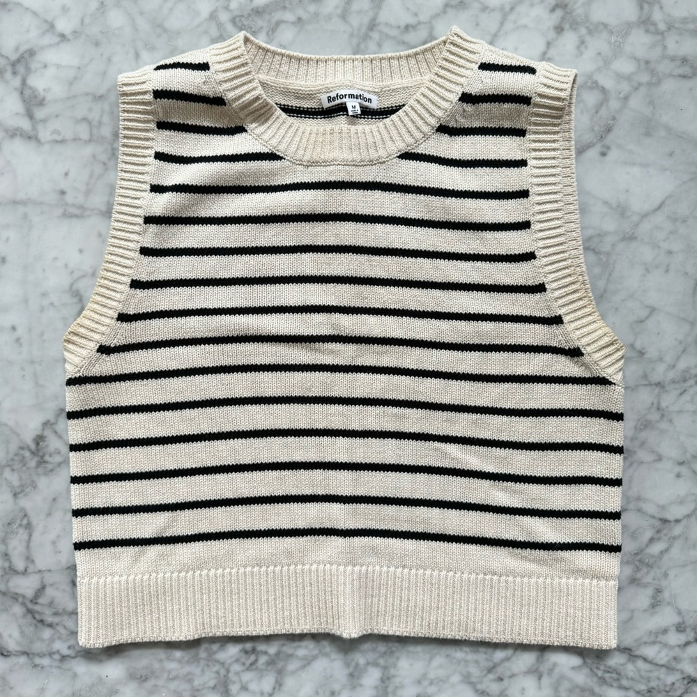 Reformation Cream and Black Striped Knit Sleeveless Sweater Vest